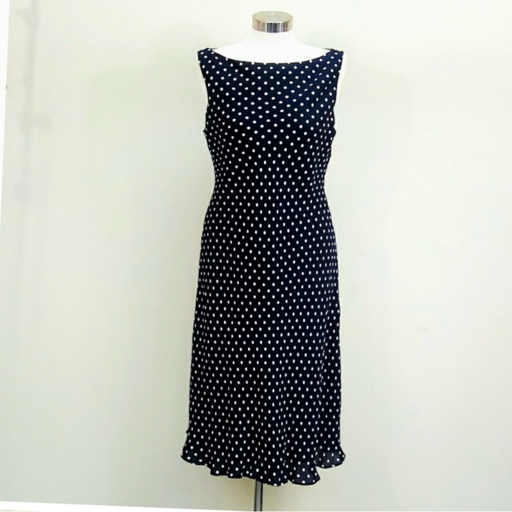 JONES NEW YORK COUNTRY Navy Blue & White Bias Cut Silk Polka Dot Dress 14